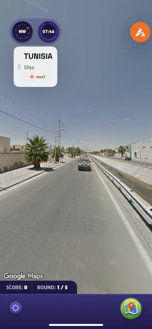 ATLAS running on an iPhone during a GeoGuessr round, showing Tunisia, Sfax and a direction grid