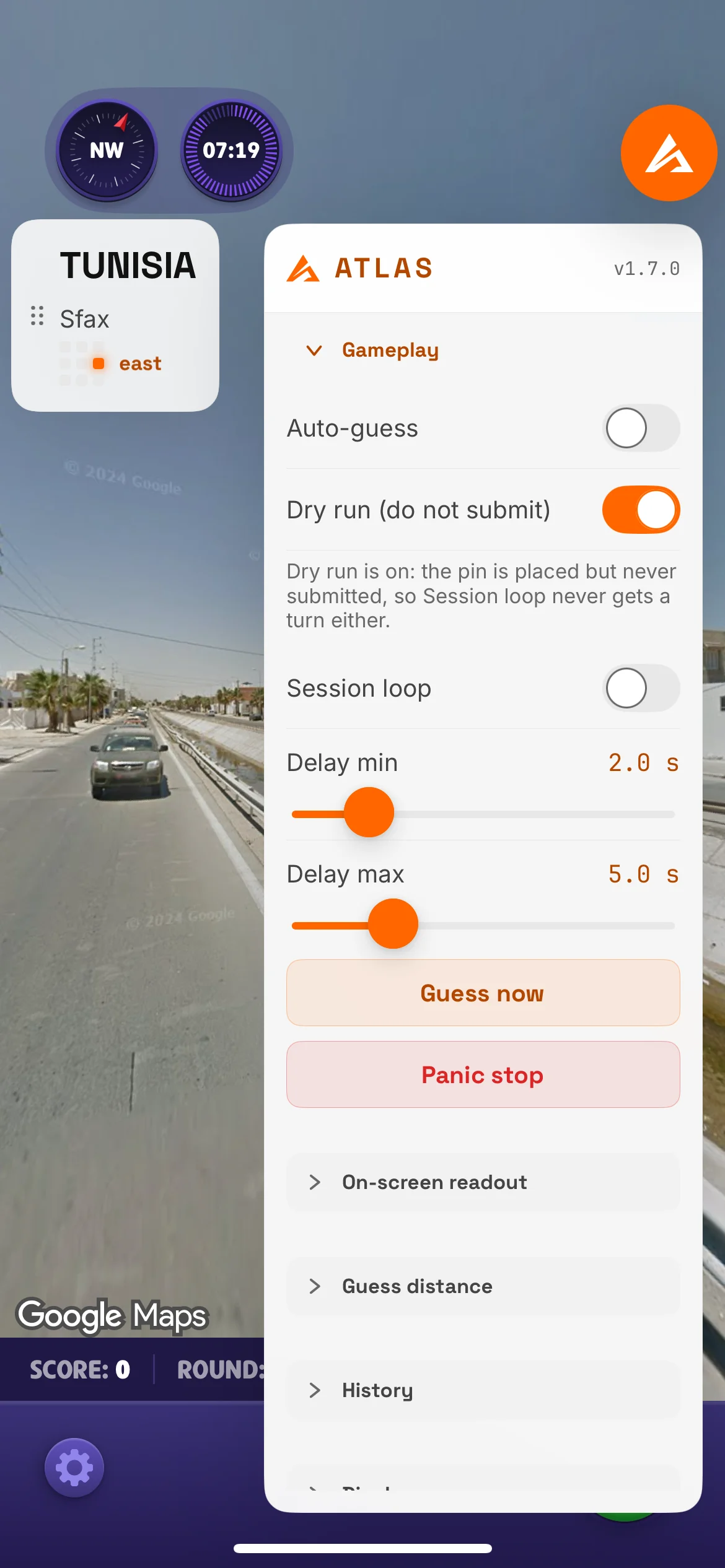 The ATLAS menu open on the same round, with auto-guess, dry run, session loop, the guess delay sliders and a panic stop