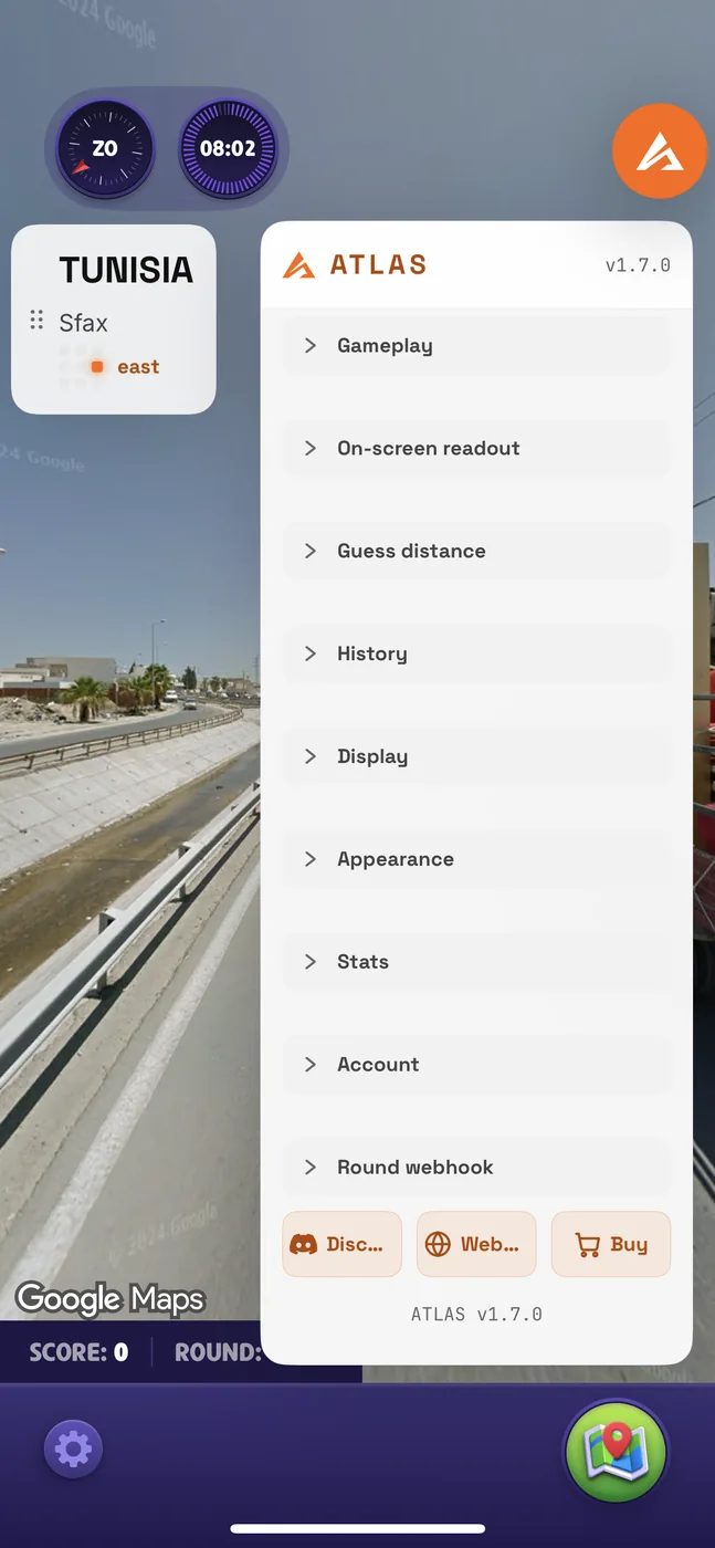 The ATLAS menu open over a GeoGuessr round, showing its sections and version 1.7.0