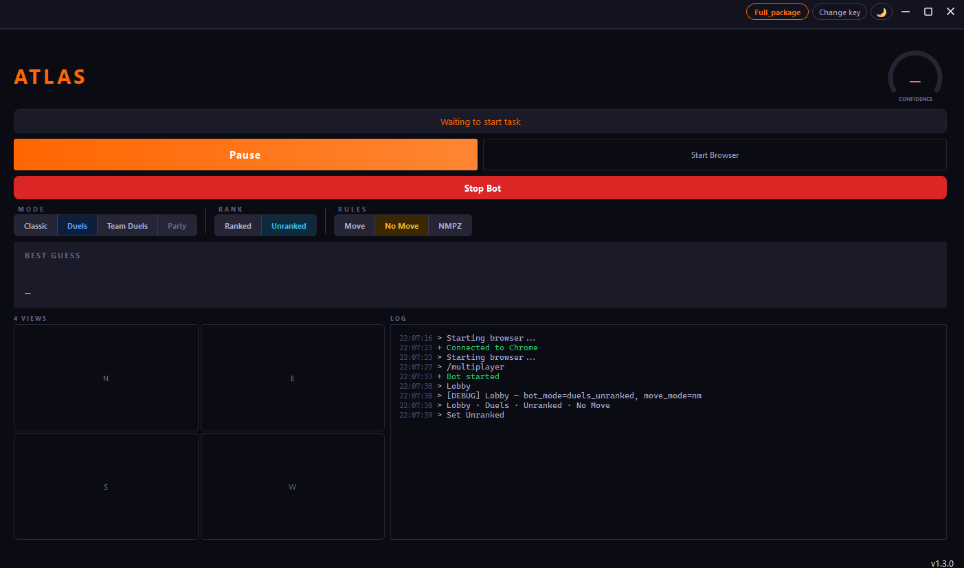 ATLAS v1.3.3 interface showing Duels mode with bot controls, 4 view panels, and a live log