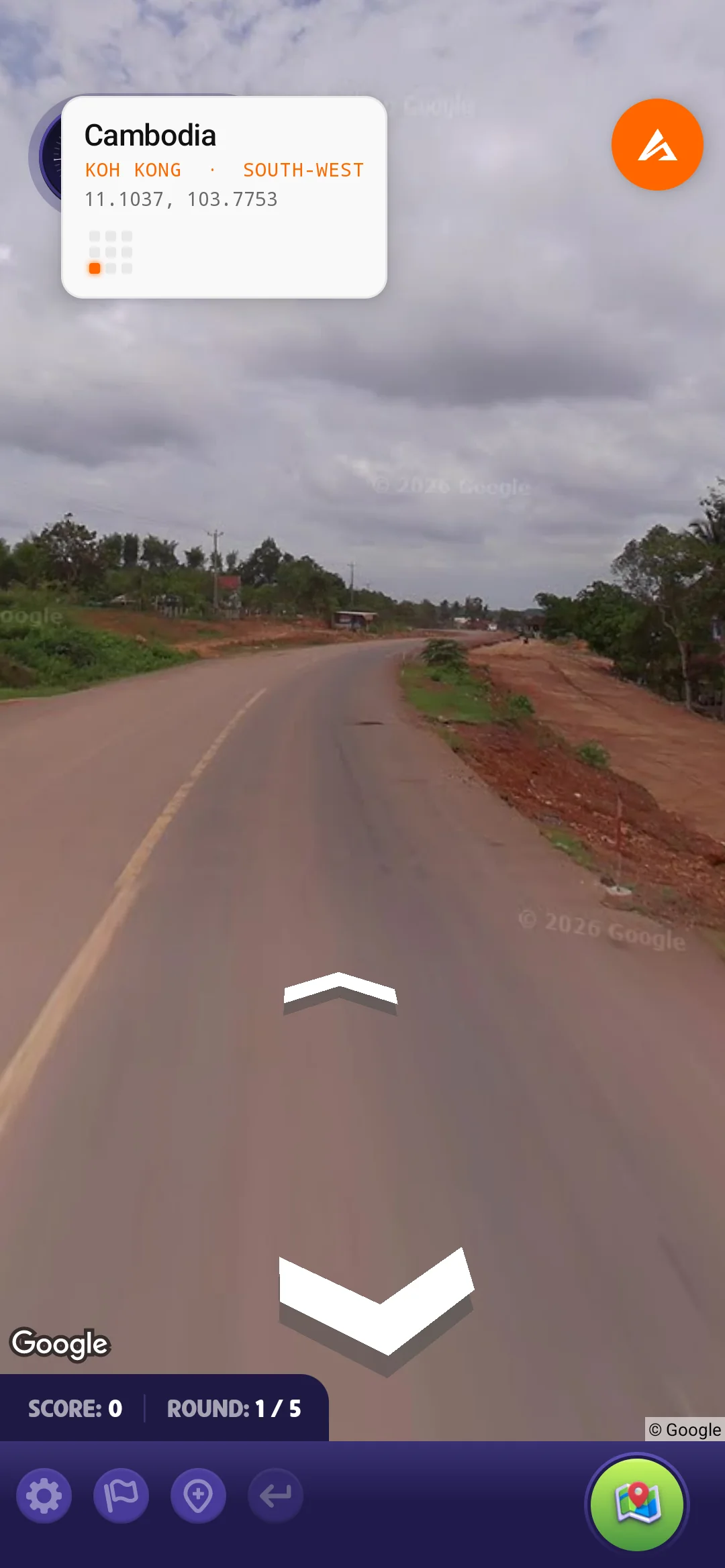 ATLAS running on an Android phone during a round, reading Cambodia, the Koh Kong province and the south-west direction, with the on-screen direction arrows on the road