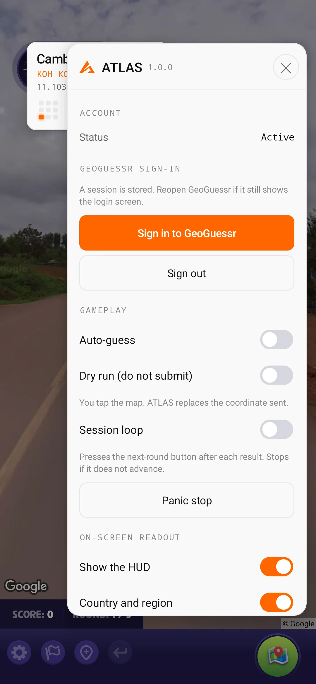 The ATLAS panel open on the same round, with auto-guess, dry run, session loop, a panic stop and the on-screen readout toggles