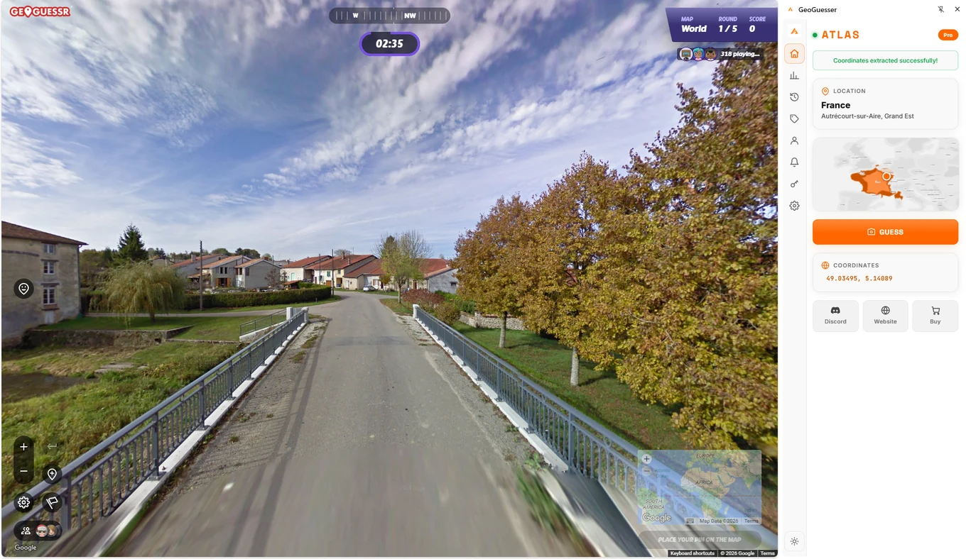 A GeoGuessr World round open in Chrome with the ATLAS side panel beside it, reading France, Autrecourt-sur-Aire in Grand Est, the coordinates extracted and the Guess button ready