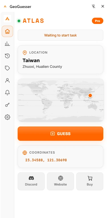 The ATLAS side panel open in Chrome beside a GeoGuessr round, reading Taiwan, Zhuoxi in Hualien County, with the coordinates and a Guess button