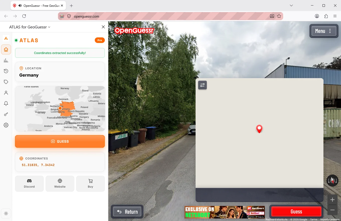 The ATLAS sidebar open wide in Firefox beside an OpenGuessr round, reading Germany with the coordinates extracted and the pin already dropped on the answer map