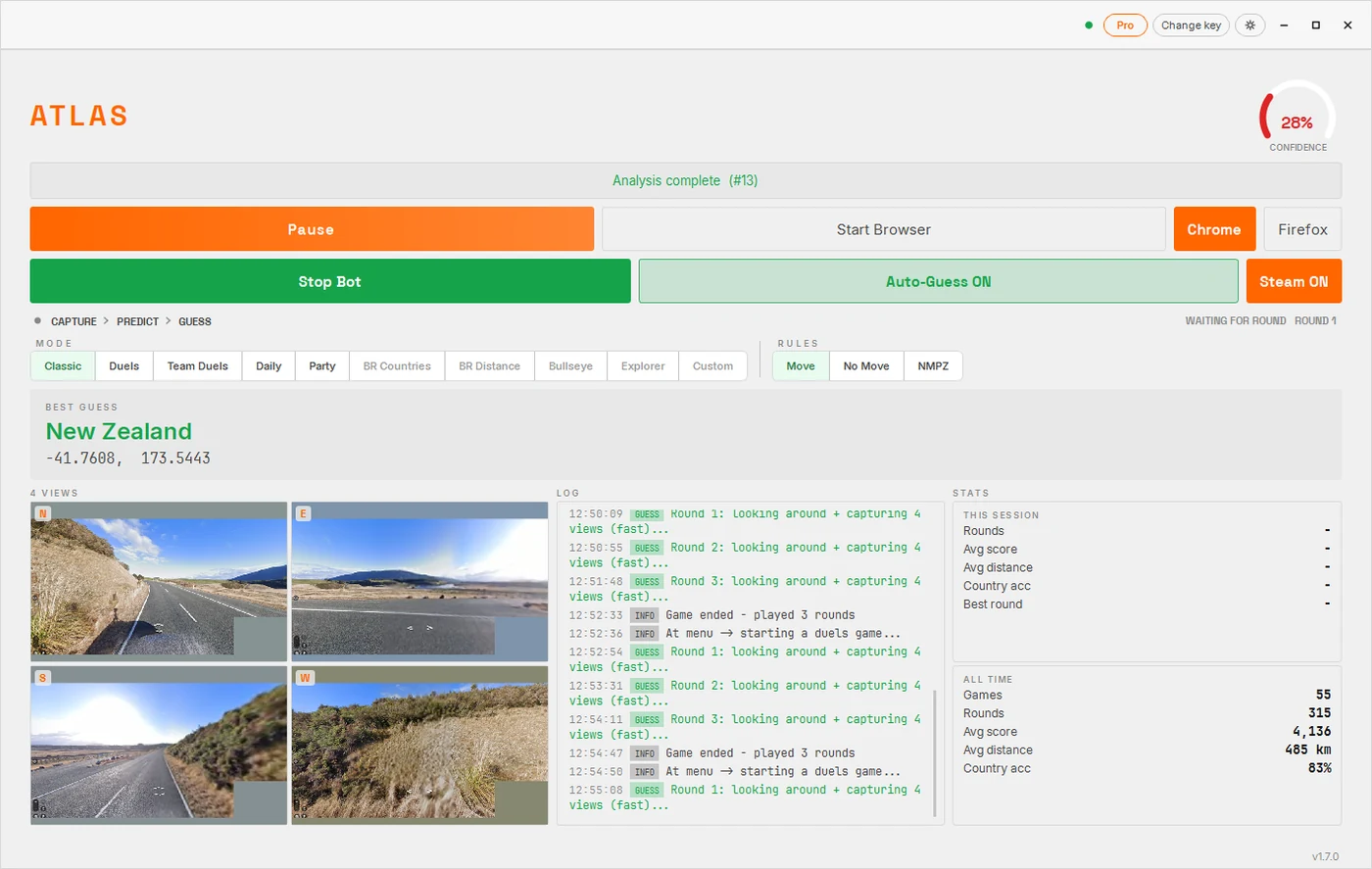 The ATLAS desktop app driving the Steam edition with Steam mode on, four views of a New Zealand road and a matching best guess